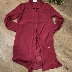 Burgundy Button-Up Sheer Blouse